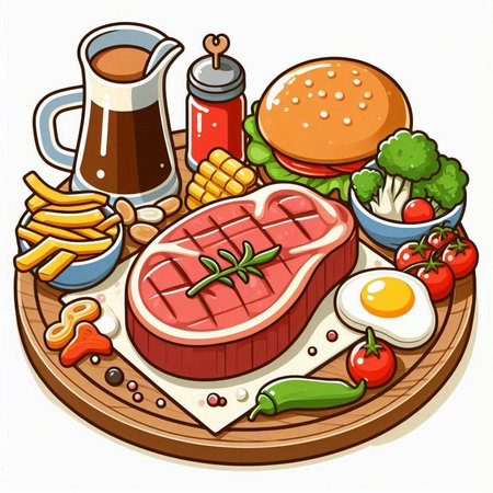 Steak with vegetables and fried eggs on a wooden board. Vector illustration.のイラスト素材