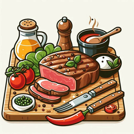 Steak with spices and vegetables on wooden board. Vector illustration.のイラスト素材