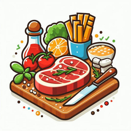 Steak with vegetables and spices, vector illustration in cartoon style.のイラスト素材