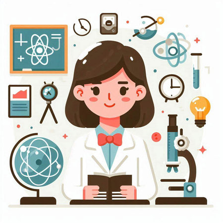 Female scientist in laboratory. Vector illustration in flat style on white background.のイラスト素材