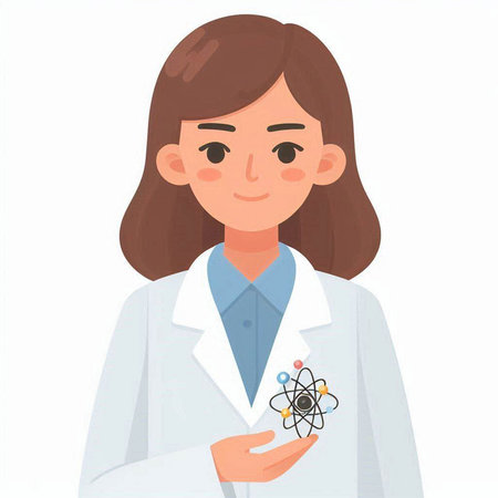 Vector illustration of a female scientist in a white coat holding a molecule in her hand.のイラスト素材