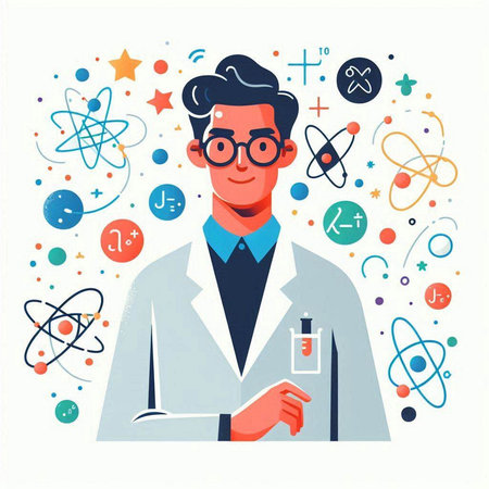 Scientist man in lab coat and glasses. Vector illustration in flat styleのイラスト素材