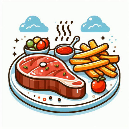 Steak with french fries and vegetables on plate. Vector illustration.のイラスト素材