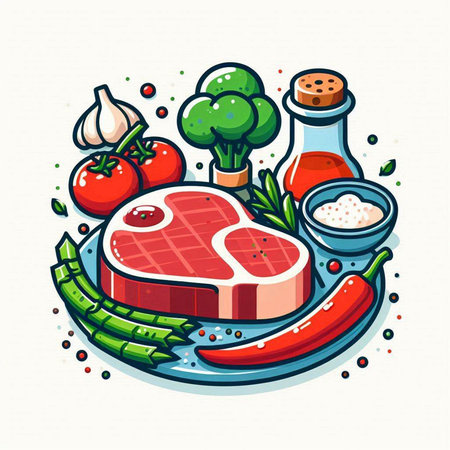 Steak with vegetables and spices. Vector illustration in cartoon style.のイラスト素材