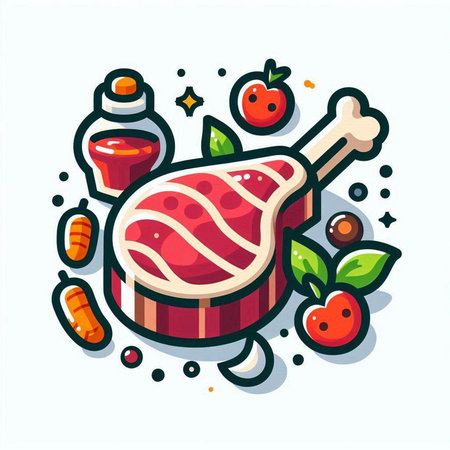 Vector illustration of a piece of meat, tomato sauce, apple, carrot, cherry.のイラスト素材