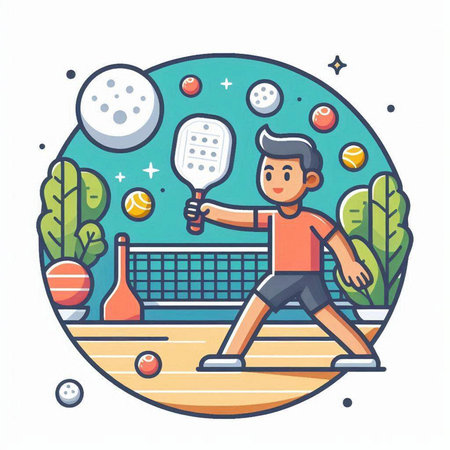 Tennis player playing tennis. Vector illustration in flat cartoon style.のイラスト素材