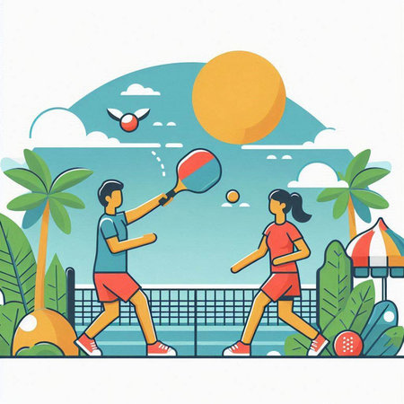 Couple playing tennis on the beach, vector illustration. Flat style.のイラスト素材