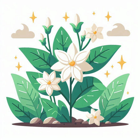 Illustration of a flower with leaves and stars on a white backgroundのイラスト素材