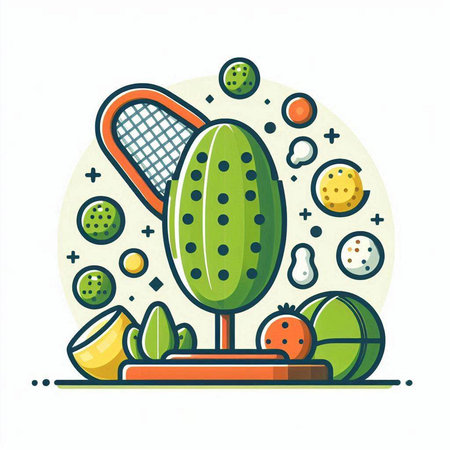 Cactus with tennis racket and ball. Vector illustration in trendy flat style.のイラスト素材