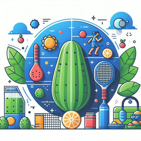 Vector illustration of healthy lifestyle concept in thin line style. Cucumber, tennis racket, apple, lemon, watermelon, tennis ball, ice cream, orange juice, watermelon, tennis racket.のイラスト素材