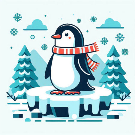 Penguin in the winter forest. Vector illustration in flat style.のイラスト素材