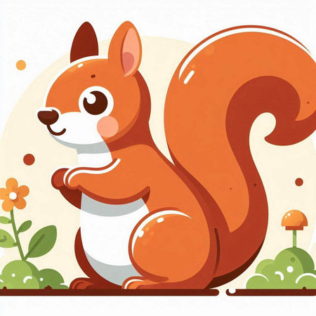 Cute cartoon squirrel sitting on the ground with flowers. Vector illustration.のイラスト素材