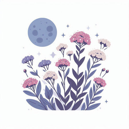 Vector illustration of flowers, moon and stars in pastel colors.のイラスト素材