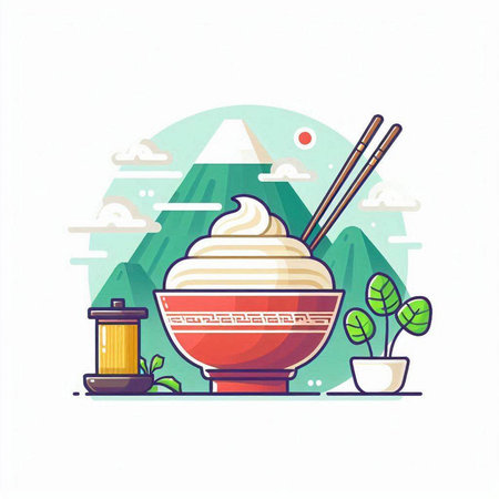 Vector illustration of Japanese food. Sukiyaki in bowl with chopsticks.のイラスト素材