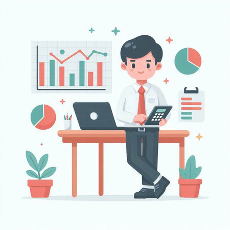 Businessman working at office. Vector illustration in a flat style.のイラスト素材
