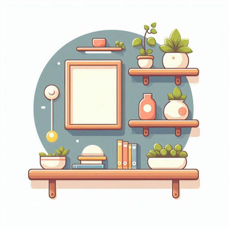 Vector illustration of a shelf with books and plants in a flat styleのイラスト素材