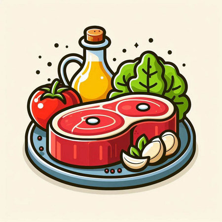Steak and ingredients for cooking. Vector illustration in cartoon style.のイラスト素材