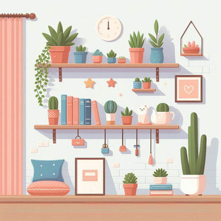 Illustration of cozy living room interior with bookshelf, books, potted plants and decorations.のイラスト素材