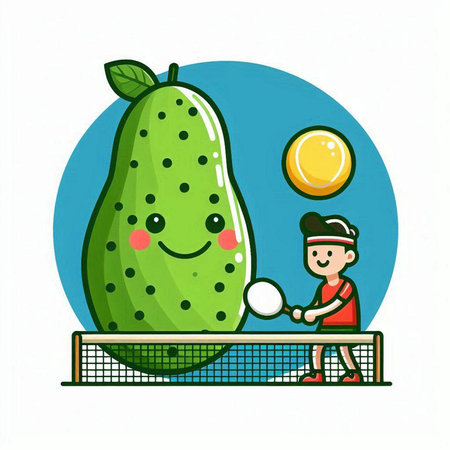 Illustration of a boy playing table tennis with a guava.のイラスト素材
