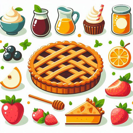 Illustration of a set of different sweet desserts and pastries.のイラスト素材