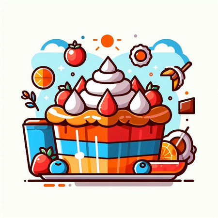 Vector illustration of cake with cream and fruit on white background. Line art design for web, site, advertising, banner, poster, board and print.のイラスト素材
