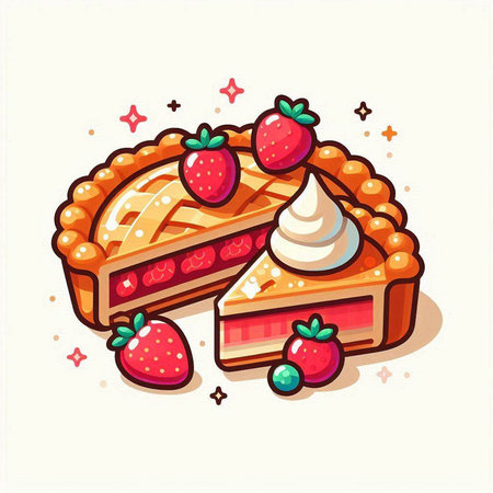 Strawberry pie. Vector illustration of a piece of pie with strawberries and whipped cream.のイラスト素材