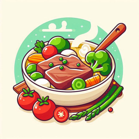 Steak and vegetables in a bowl. Vector illustration of a cartoon style.のイラスト素材