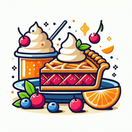 Illustration of a pie with ice cream and berries. Vector illustration.のイラスト素材