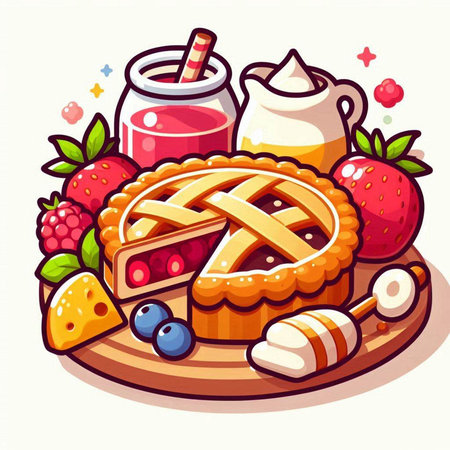 Piece of pie with berries and honey. Vector cartoon illustration.のイラスト素材