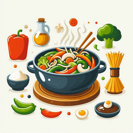 Vegetable noodles in a frying pan. Asian cuisine. Vector illustrationのイラスト素材