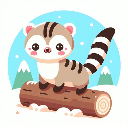 Cute raccoon sitting on a log in the forest. Vector illustrationのイラスト素材