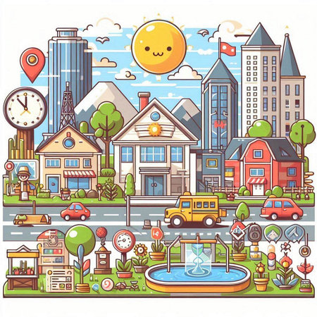 City landscape with houses, trees, roads and cars. Vector illustrationのイラスト素材