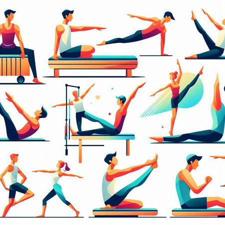 Yoga poses set. Men and women practicing yoga, pilates, stretching, pilates, fitness, healthy lifestyle. Vector illustrationのイラスト素材