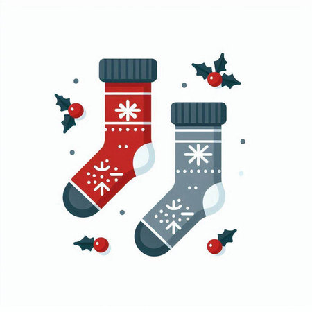Christmas socks with snowflakes and holly berry. Flat vector illustration.のイラスト素材