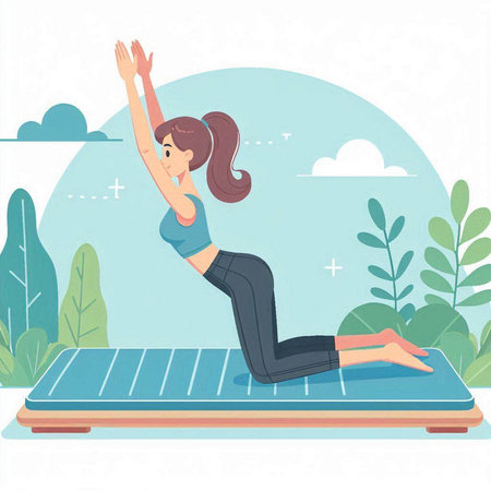 Woman doing yoga on the mattress in the park. Vector illustration.のイラスト素材