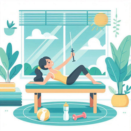 Young woman doing sport exercises at home. Flat style vector illustration.のイラスト素材