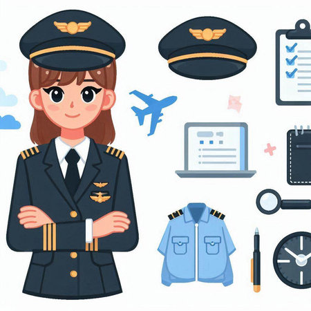 Pilot woman with set of icons. Vector illustration in cartoon style.のイラスト素材