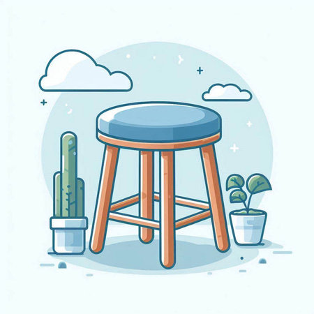 Vector illustration of a wooden stool in a flat style with a cactus in a potのイラスト素材