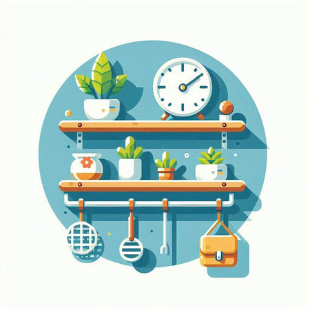 Flat design vector illustration of shelf with houseplants and clock.のイラスト素材