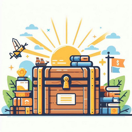 Vector illustration of a treasure chest with a lot of different items.のイラスト素材