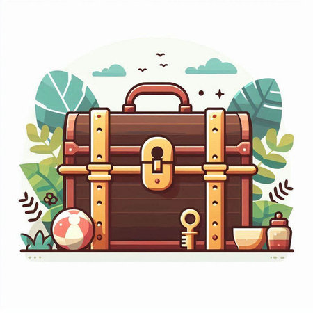 Treasure chest with different things. Vector illustration in flat style.のイラスト素材