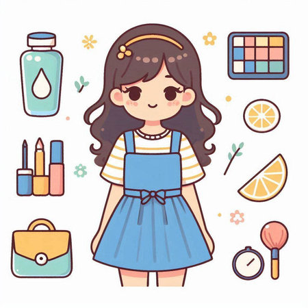Cute little girl with cosmetics set. Vector illustration in cartoon style.のイラスト素材
