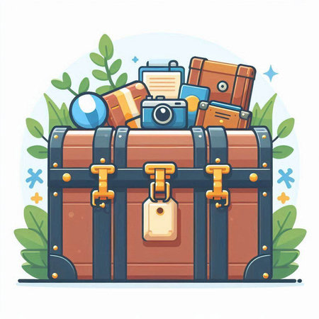 Vintage suitcase with travel items. Vector illustration in cartoon style.のイラスト素材