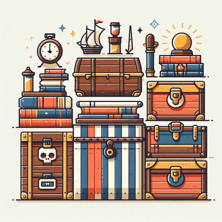 Treasure chest and other items. Vector illustration in retro style.のイラスト素材