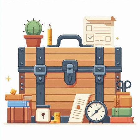 Treasure chest with documents, clock and cactus. Vector illustrationのイラスト素材