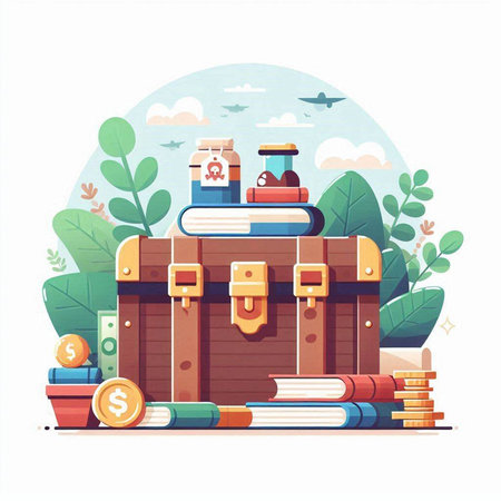 Vintage suitcase with books and money. Vector illustration in flat styleのイラスト素材