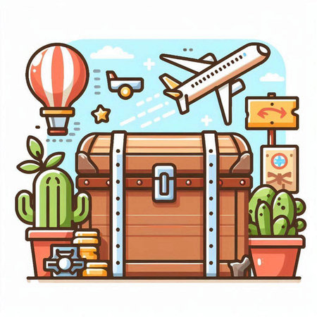 Treasure chest with travel icons, vector illustration in flat line styleのイラスト素材