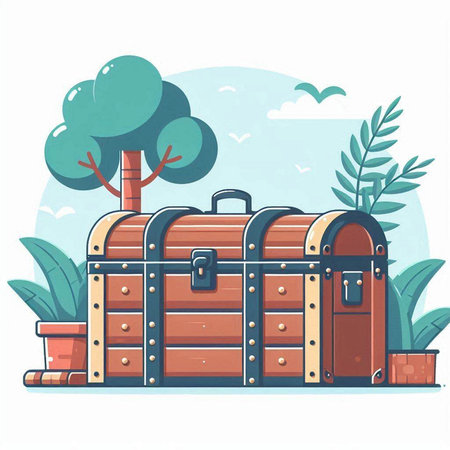 Treasure chest with trees and plants. Vector illustration in cartoon style.のイラスト素材