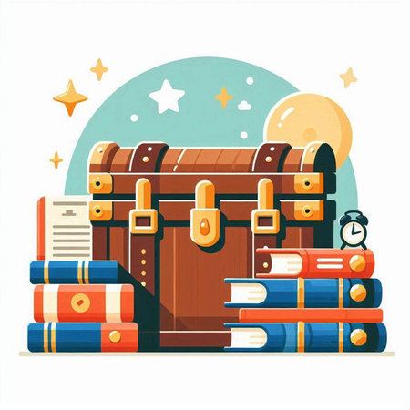 Treasure chest and books. Vector illustration in flat cartoon style.のイラスト素材
