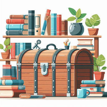Wooden chest with books and plants. Vector illustration in cartoon style.のイラスト素材